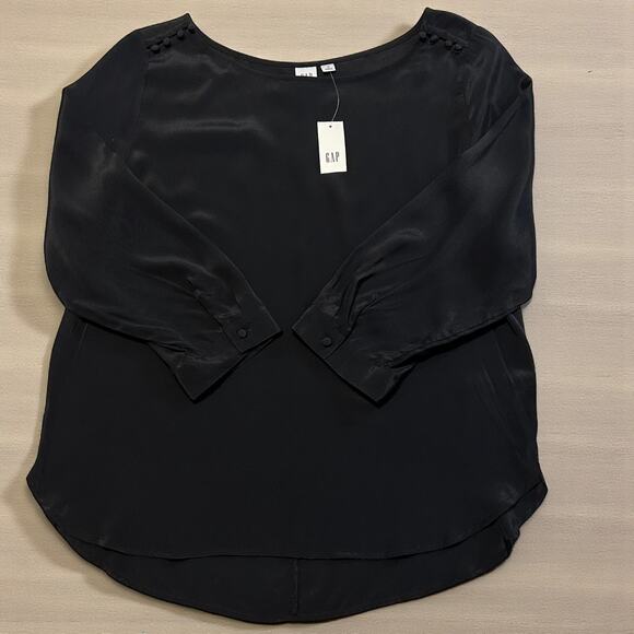 GAP Black Blouse Size M Button Shoulder 3/4 Sleeve Rayon Sheen Work Career NWT - Picture 7 of 8